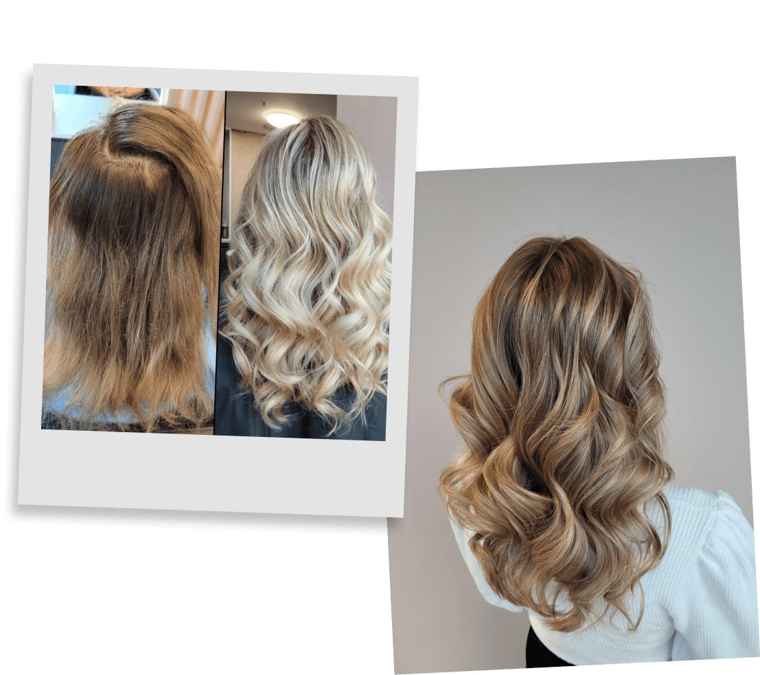 light blond hair, styled in a gentle wave