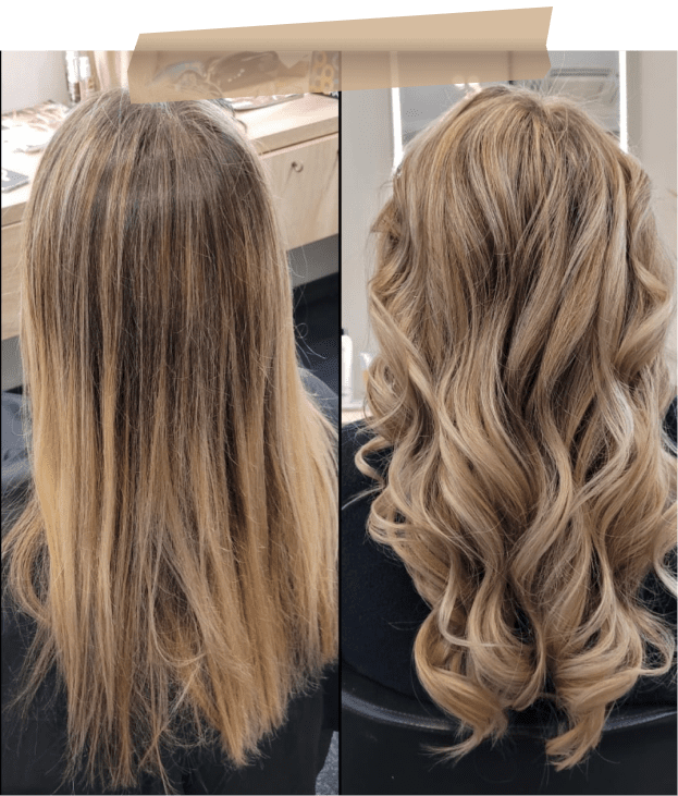 two photos of long hair, one styled straight with a wave at the end, the other perfectly straight