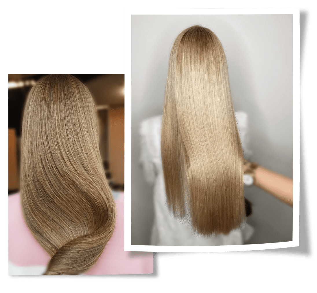 two photos of long hair, one styled straight with a wave at the end, the other perfectly straight